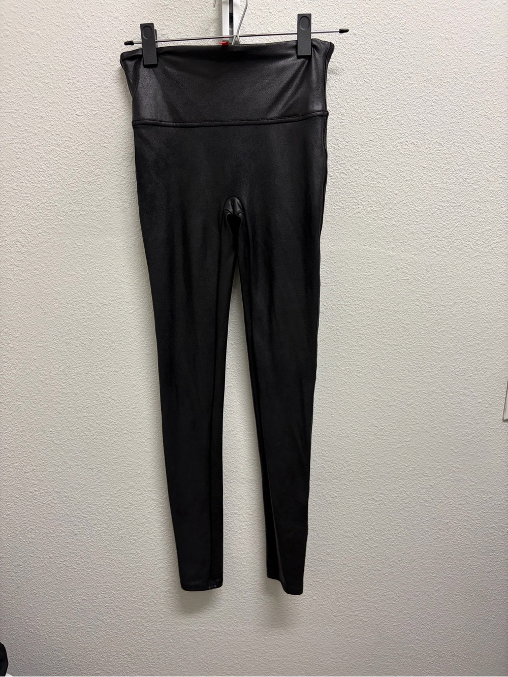 SPANX Black Faux Leather Leggings with Red Brand Tag